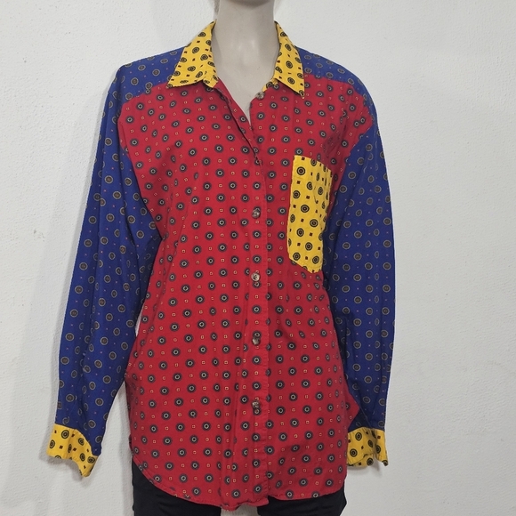 Liz Claiborne Red and Blue Geometric Women's Shirt 100% Cotton - Picture 2 of 9
